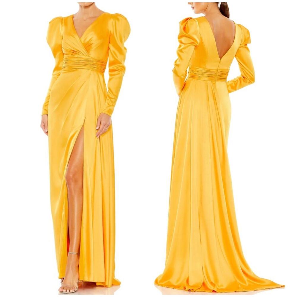 Mac Duggal NWT 12404 Yellow Faux Wrap Puff Shoulder Long Sleeve A-Line Gown Sz 8